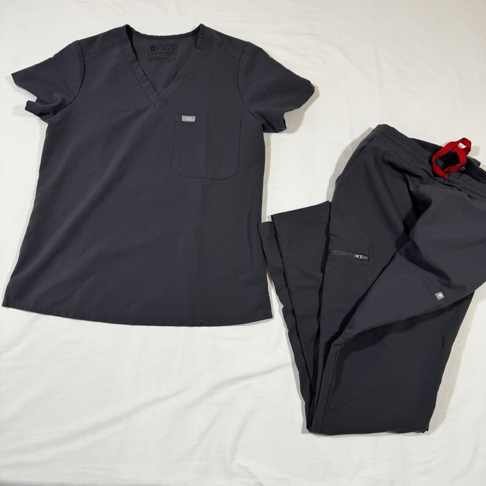 FIGS Women Uniform Scrub Set Technical Collection Gray V-Neck Top Pants S Tall